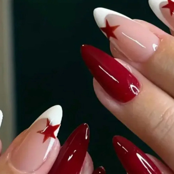 Women'sMinimalist Red Star White French Fake Nails, Waterproof - Picture 2 of 6